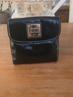Vintage Dooney & Bourke Black Patent Leather Small Wallet with Silver Plaque